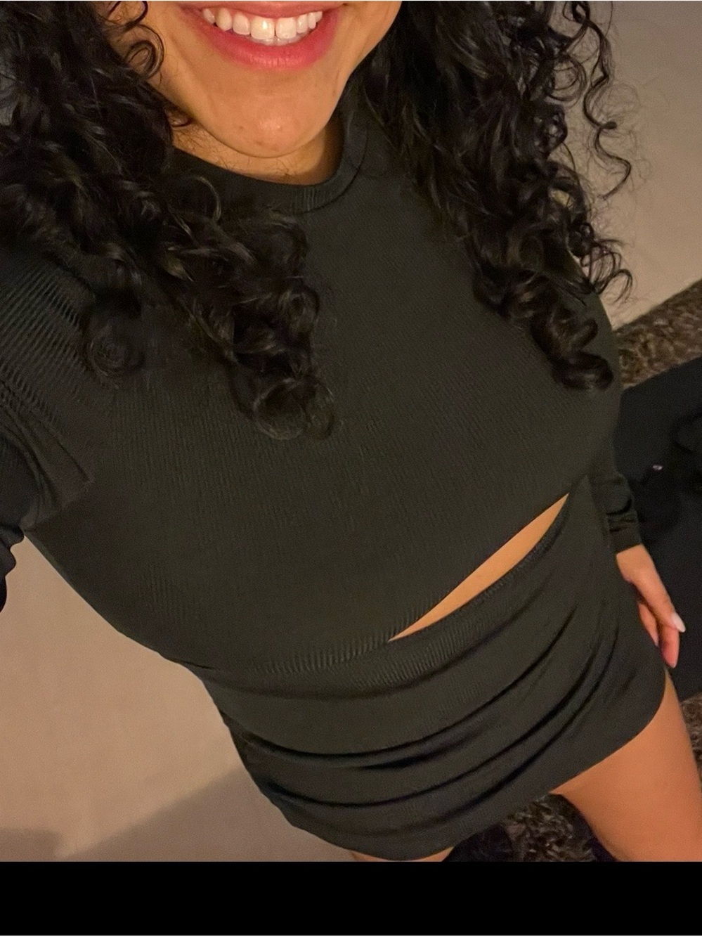SHEIN Black Ribbed Long Sleeve Crop Top with Waist Cutout